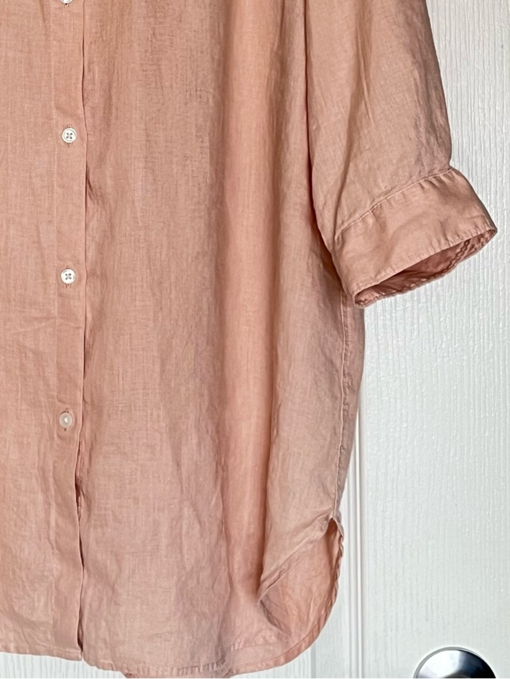 MUJI 100% Hemp Band Collar Tunic Peach Pink 7-Sleeve Shirt XL Coastal Grandma - Picture 9 of 14